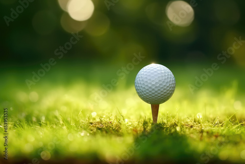 Serene scene captures a golf ball resting on lush green grass, with sun rays reflecting on the tee, set against a backdrop of a beautiful sunny evening. Ideal for golfing, outdoor leisure.