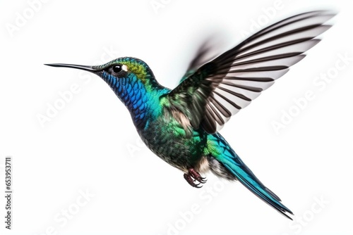 Blue hummingbird flying, isolated on white background. Tropical colibri or white-throat bird with vibrant colors. Generative AI