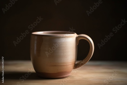 Side view of a ceramic mug in light brown color. Generative AI