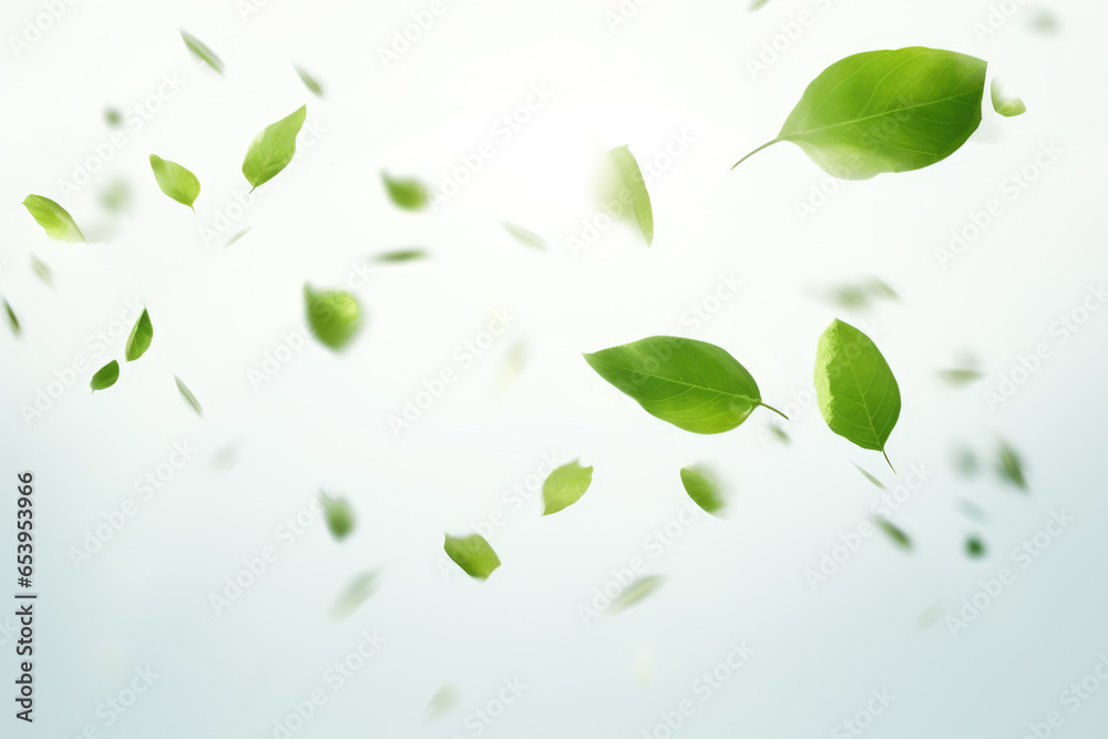 Captivating image of bunch of green leaves gracefully floating through air. Perfect for adding touch of nature and freshness to any project or design. Captivating image of bunch of green leaves gracefully floating through air. Perfect for adding touch of nature and freshness to any project or design.