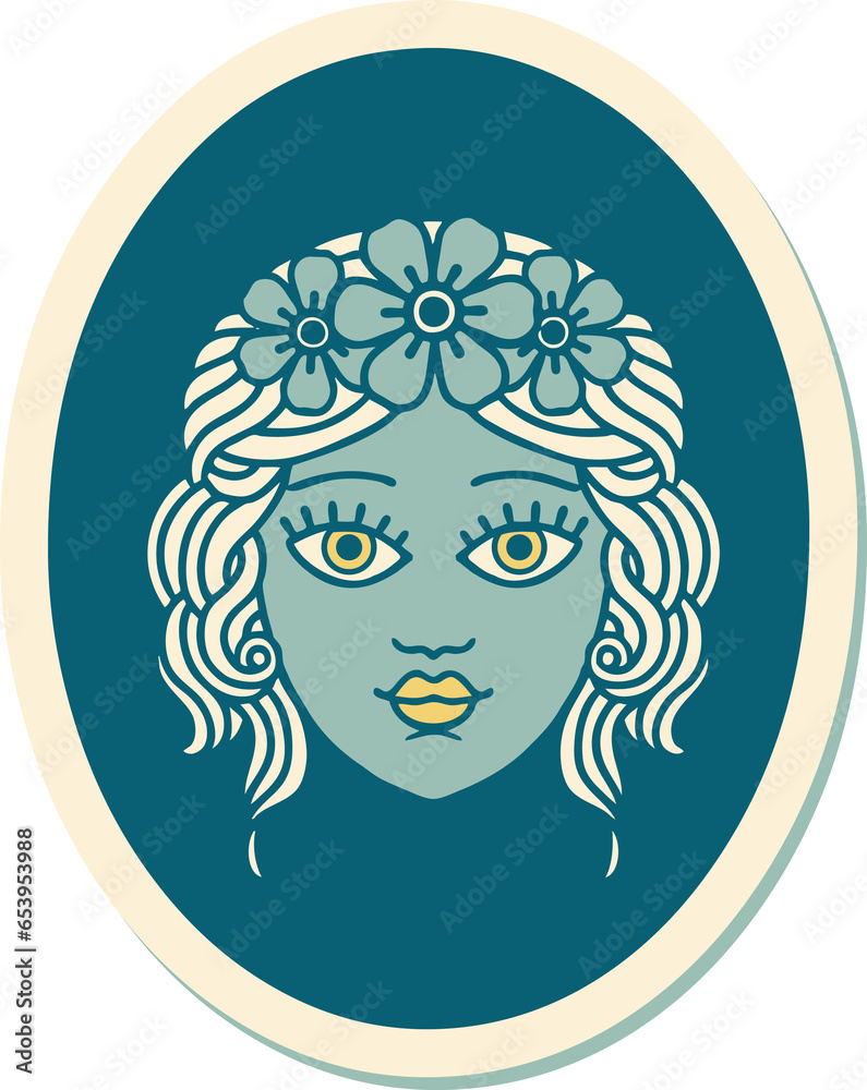 sticker of tattoo in traditional style of a maiden with crown of flowers sticker of tattoo in traditional style of a maiden with crown of flowers