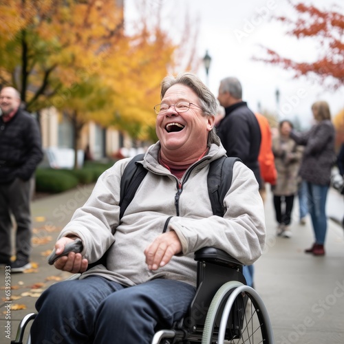 Disabled person in a wheelchair happy and laughing © Glyn