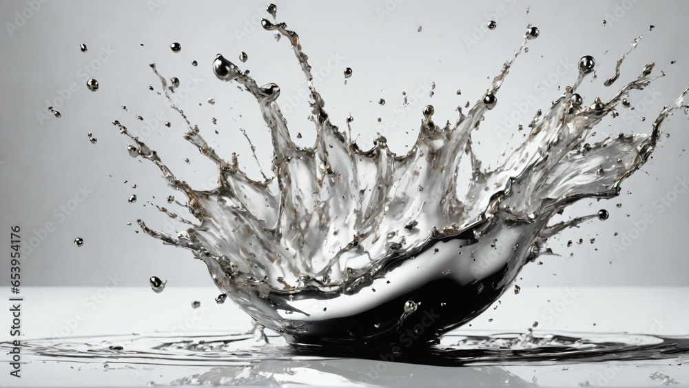 Liquid silver splash close up. Side view on white background. Liquid ...