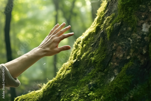 Person reaching out to touch tree trunk covered in moss. This image can be used to depict beauty of nature and connection between humans and environment. © vefimov