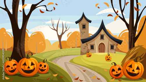 Halloween scene with a haunted house, trees, and jack-o-lanterns (Halloween pumpkins). Autumn landscape. Greeting card design. Vector illustration