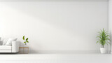 The modern monochrome White interior of the light room with a white wall and a plant with copy space. Modern design of flats.