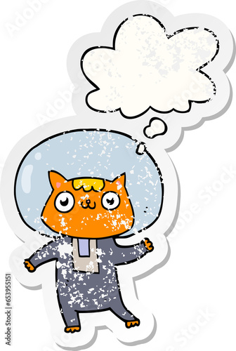 cartoon space cat with thought bubble as a distressed worn sticker © lineartestpilot