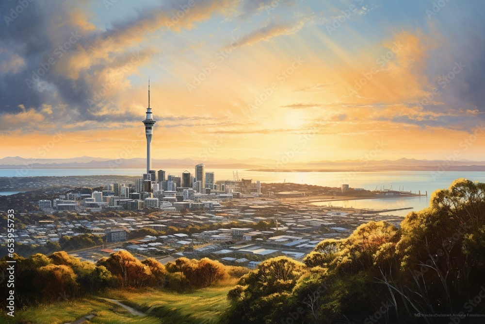 Sunrise view of Auckland from Mount Eden, depicted in an oil painting on canvas. New Zealand. Generative AI