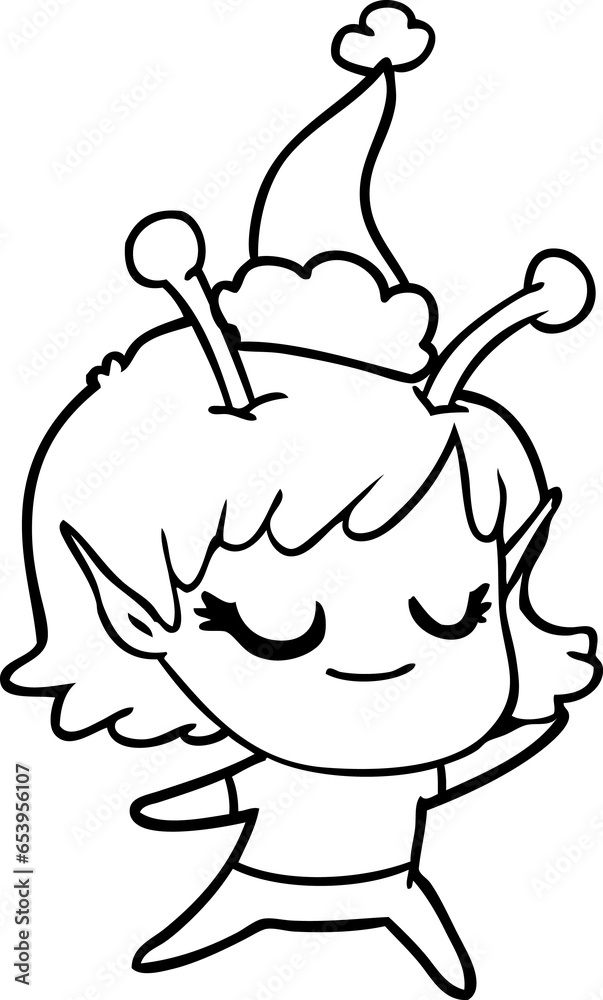 smiling alien girl hand drawn line drawing of a wearing santa hat smiling alien girl hand drawn line drawing of a wearing santa hat