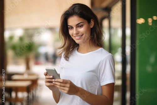 Woman is seen looking at her cell phone. This image can be used to illustrate technology, communication, or modern lifestyle.
