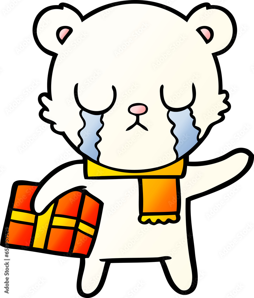 crying polar bear cartoon with christmas gift