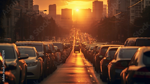 Air pollution in the city with traffic jams on the roads. The danger of dirty air in the city. Rush hour concept.  © Elena