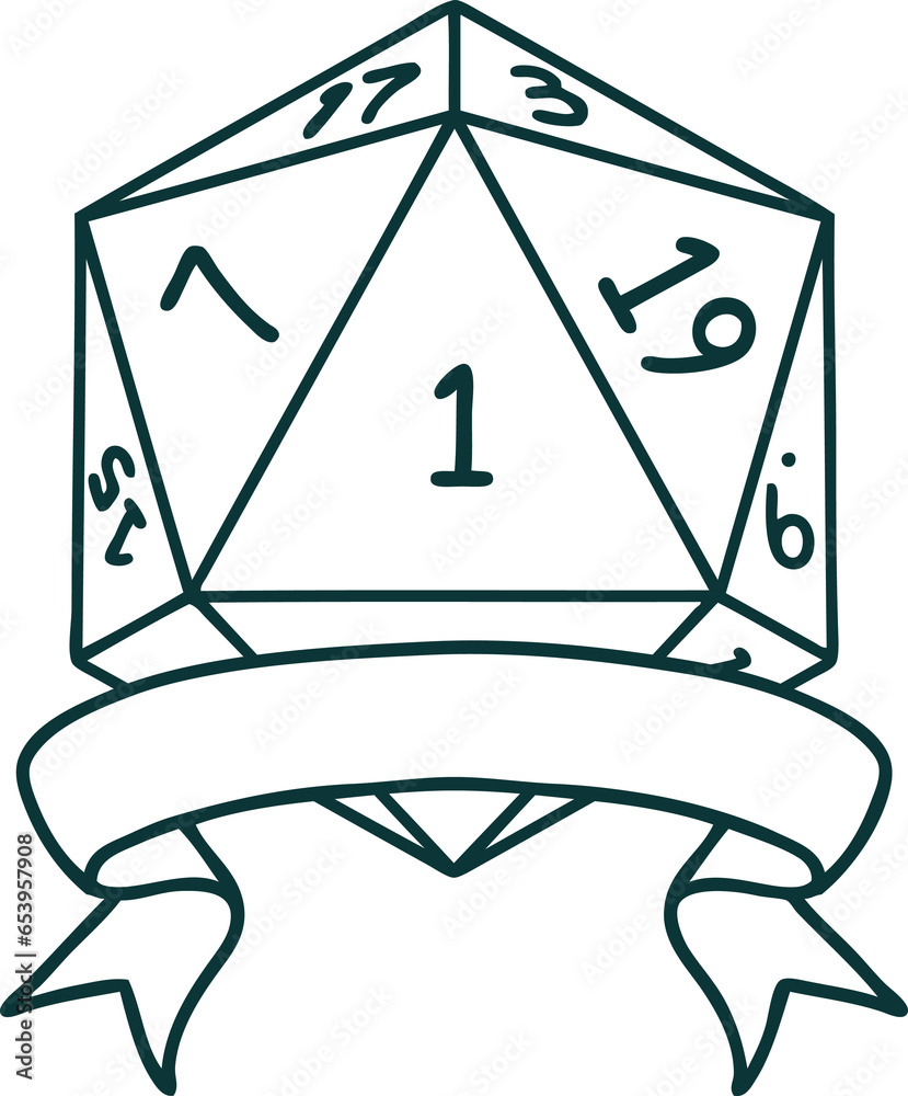 Retro Tattoo Style natural one d20 dice roll Retro Tattoo Style natural one d20 dice roll