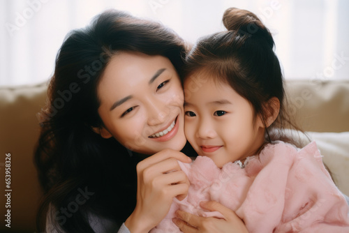 Woman tenderly holds little girl in her arms. This heartwarming image captures bond between mother and daughter. Perfect for illustrating love, family, and nurturing relationships.