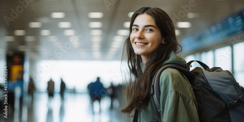 Portrait of a young, smiling woman in autumn clothes in the airport with copy space. Woman travelling concept.  photo