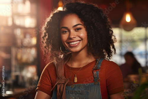 Woman with curly hair smiling at camera. Suitable for various projects and marketing materials.