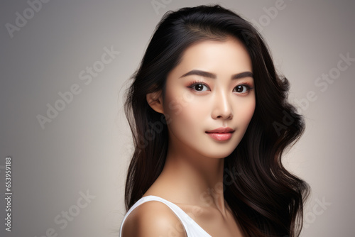 Woman with long dark hair wearing white tank top. Versatile image suitable for various concepts and themes.