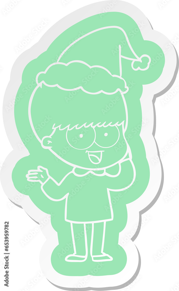 Fototapeta premium happy quirky cartoon sticker of a boy wearing santa hat
