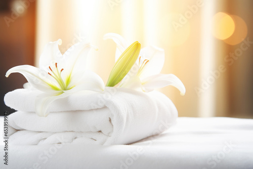 White Towels and Lily Flowers Against Blurred Background