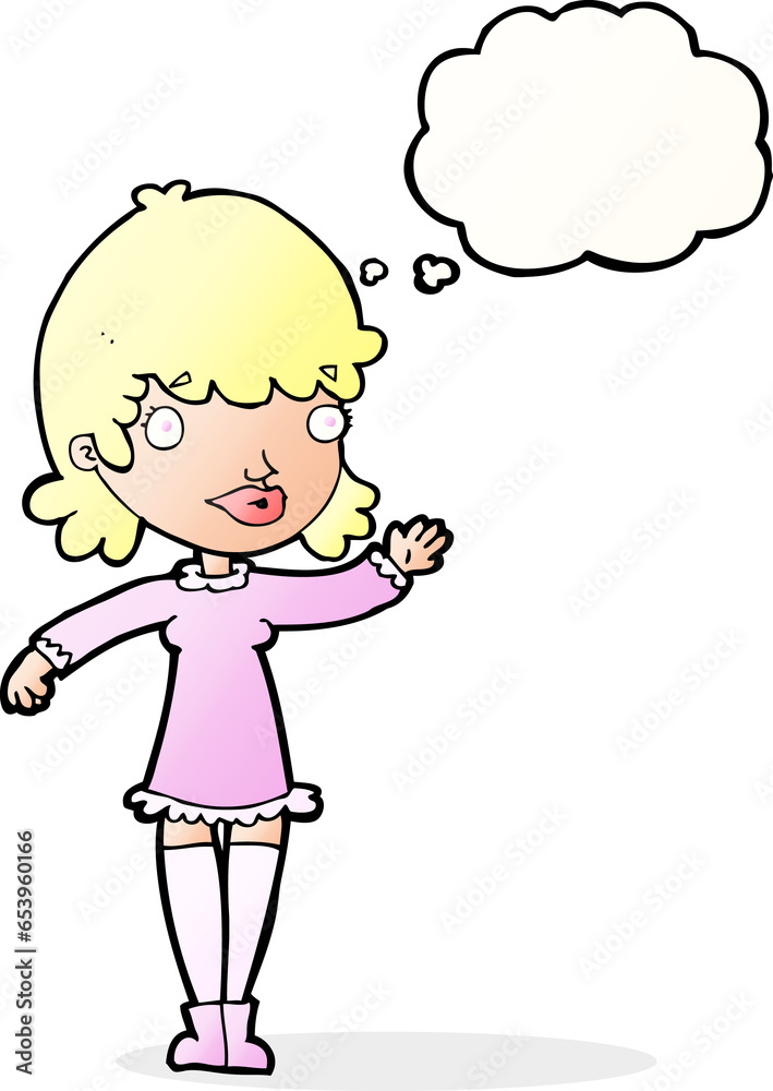 cartoon woman waving with thought bubble cartoon woman waving with thought bubble