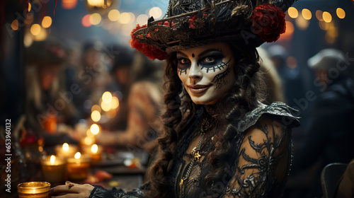 Portrait of woman in costume in cheerful Halloween party atmosphere. Charming woman in festive creativity in living expression of Halloween magic.