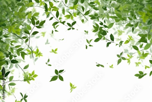Green leaves flying above transparent background. Fresh spring foliage. Eco backdrop. Generative AI