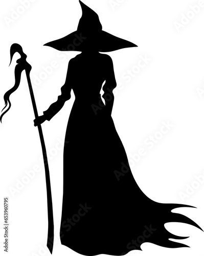 Vector halloween witch with broom silhouettes illustration icon. Vector with with witch hat icon