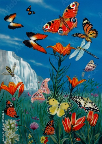 Farfalle, insetti e fiori photo