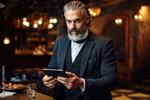 A man dressed in a tuxedo looking at a tablet. This image can be used to represent elegance, sophistication, or modern technology.