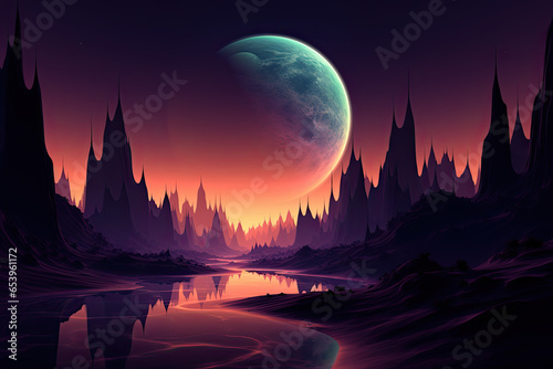 alien plane landscape with moon and mountains. 