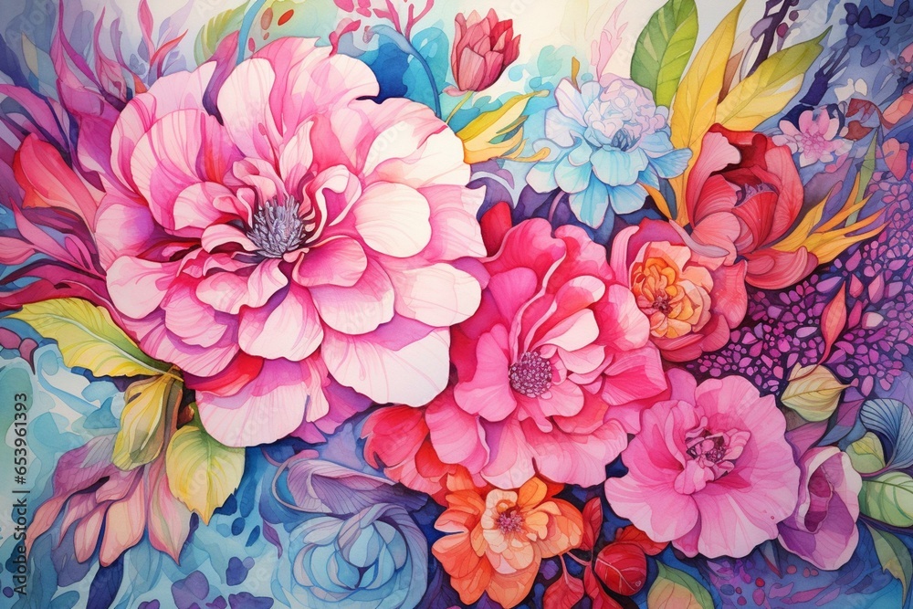 vibrant floral illustration with a watercolor aesthetic. Generative AI - obrazy, fototapety, plakaty 