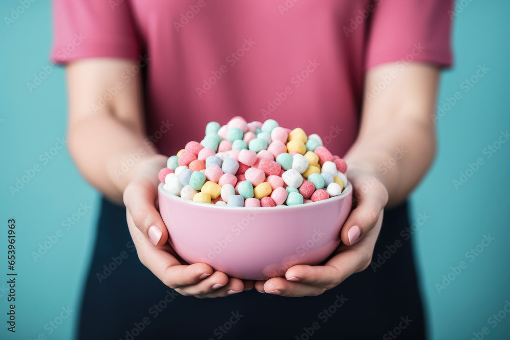 A person is holding a bowl filled with various types of candy. This image can be used to depict Halloween, parties, sweet treats, or indulgence. A person is holding a bowl filled with various types of candy. This image can be used to depict Halloween, parties, sweet treats, or indulgence.