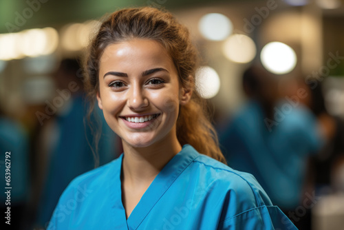 Woman wearing blue scrub suit smiles at camera. This image can be used to represent healthcare professionals, medical personnel, or friendly and approachable demeanor.