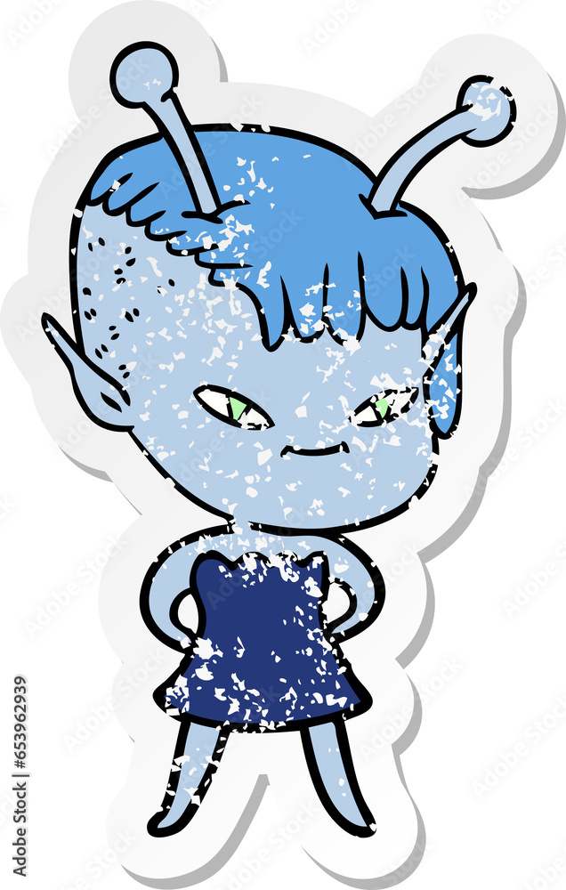 Obraz premium distressed sticker of a cute cartoon alien girl
