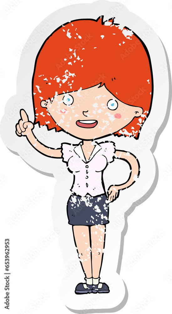 retro distressed sticker of a cartoon woman with idea retro distressed sticker of a cartoon woman with idea