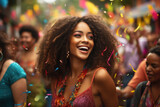 A joyful woman with curly hair is captured smiling while being surrounded by confetti. This image can be used to depict happiness, celebration, or a festive atmosphere.
