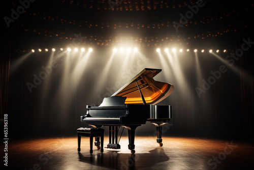 Musical instrument grand piano in the music hall performance of the artist on a dark background