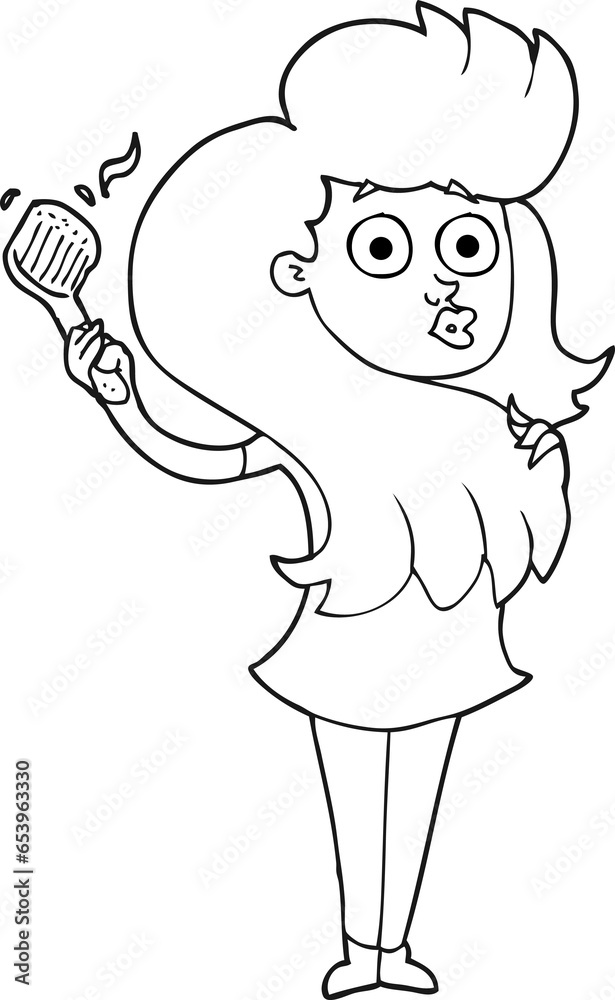 Fototapeta premium freehand drawn black and white cartoon woman brushing hair
