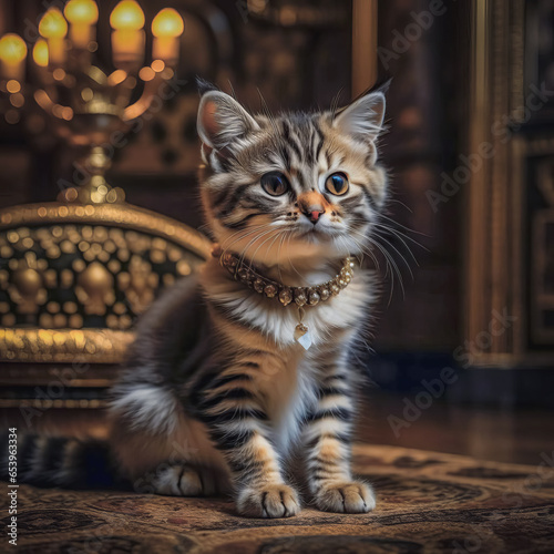 A beautiful purebred kitten in a richly decorated ancient royal interior © abrilla