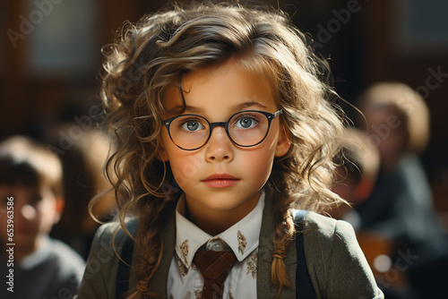 portrait of a beautiful little schoolgirl wearing glasses