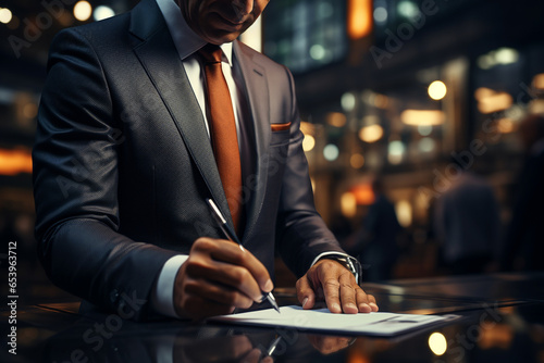 portrait of a businessman in a suit signing papers about a deal