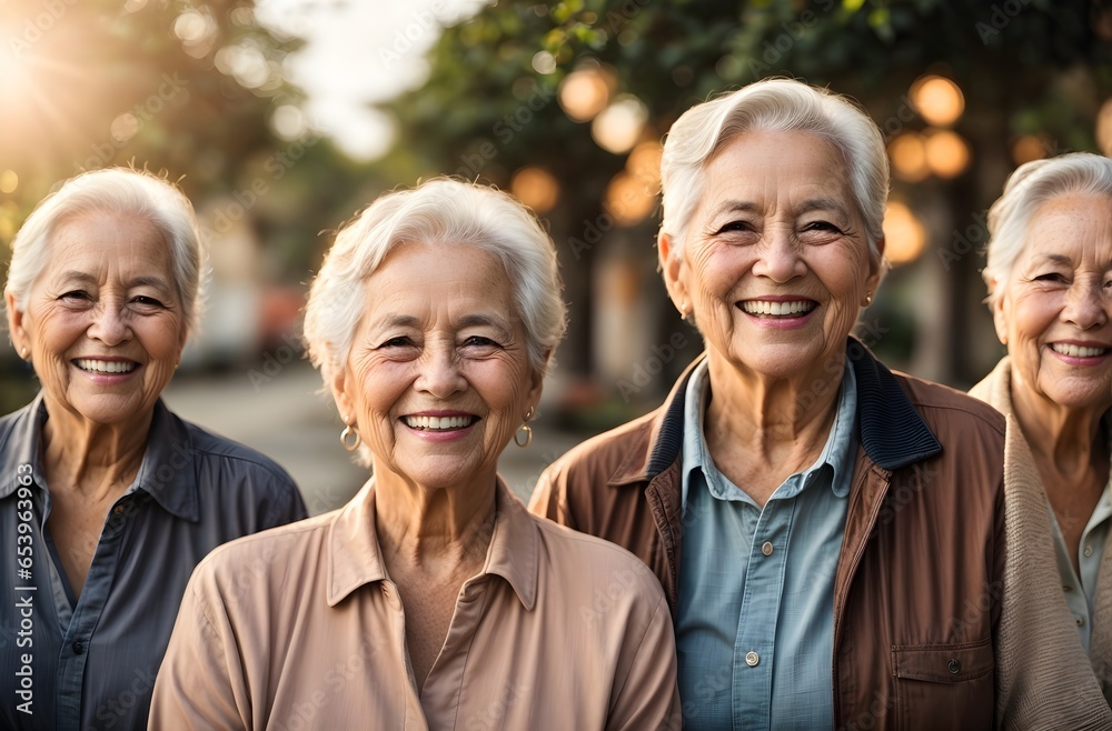 Portrait of group of elderly happy retired women smiling, background, people banner with copy space text 