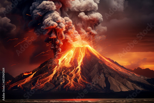 Volcanic eruption with clouds of steam, ash, smoke and erupting lava, formidable natural phenomena;