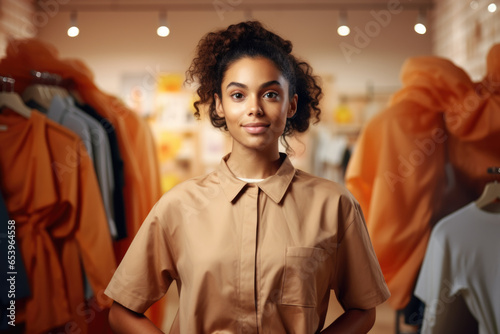 Woman standing in front of rack of clothes. Suitable for fashion-related projects.