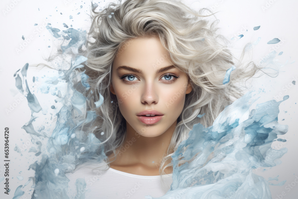 Captivating image of woman with striking blue eyes standing in midst of water. Evoke sense of serenity and tranquility, or to represent concepts such as purity, introspection, or power of nature.