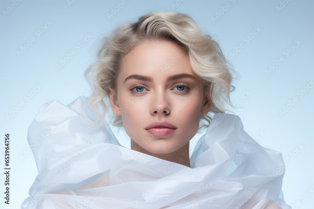 Woman with white scarf around her neck. This image can be used to depict fashion, winter attire, or stylish accessory.