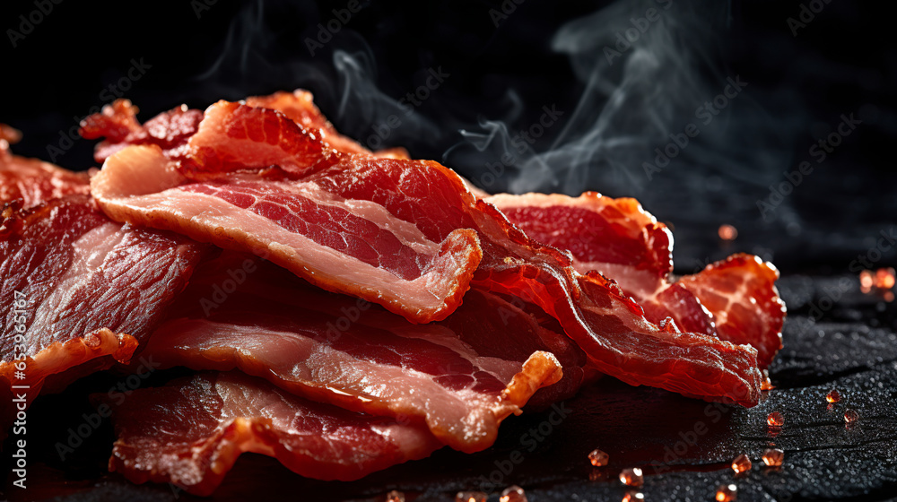 Slices of fried bacon, cut to perfection, display macro details on a dark background. Bacon in golden texture and rich tones in visual contrast. - obrazy, fototapety, plakaty 