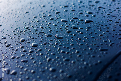 Abstract rain or water drops different size on a blue car hood surface with shiny reflections. Water droplets on dark iron surface and texture. Background and water texture for design.