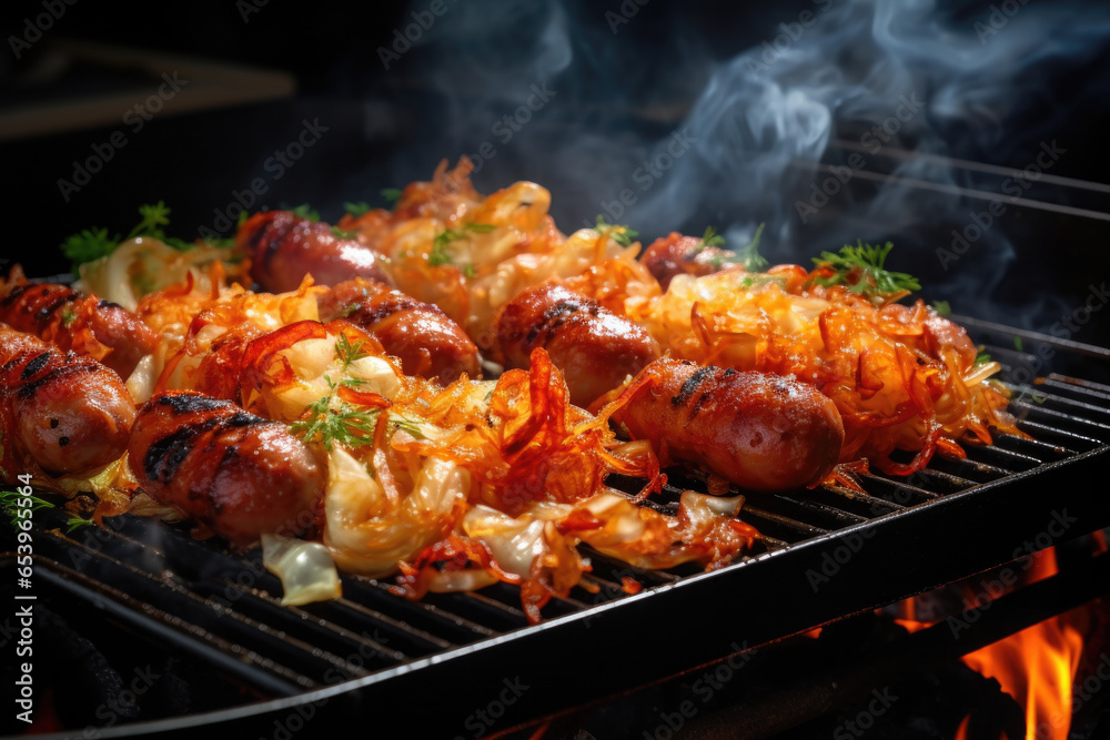 Picture of grill with sausages and onions cooking on it. Perfect for food enthusiasts and barbecue lovers.