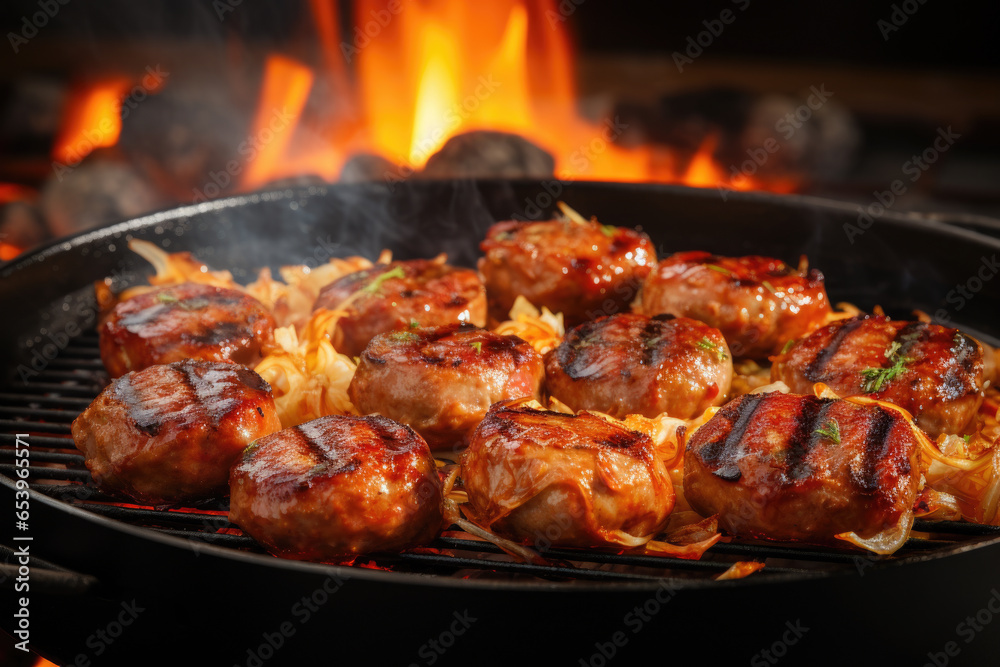 Close up view of meat cooking on grill. Perfect for food and cooking-related projects